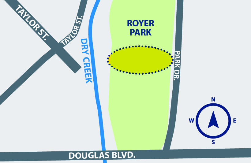 A highlighted transparent circle marks a project area covering a portion of Royer Park between Dry Creek and Park Drive.